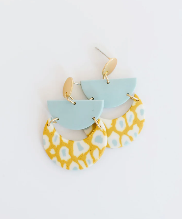 boutique pensaocla florida shopping earrings jewelry clay mustard pale blue white leopard print abstract clay