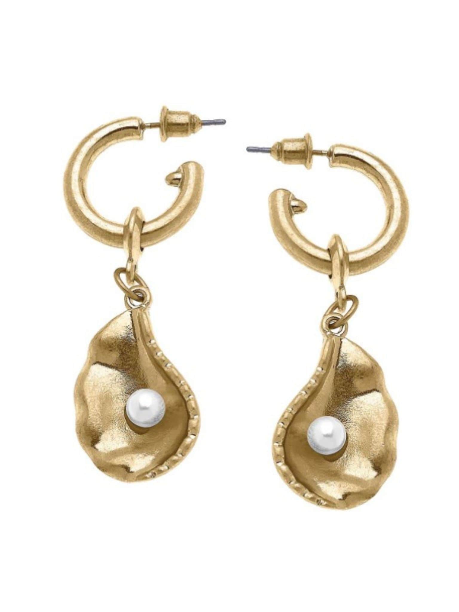 Oyster Shell & Pearl Drop Hoop Earrings