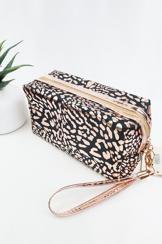 Metallic Leopard Cosmetic Bag, Black