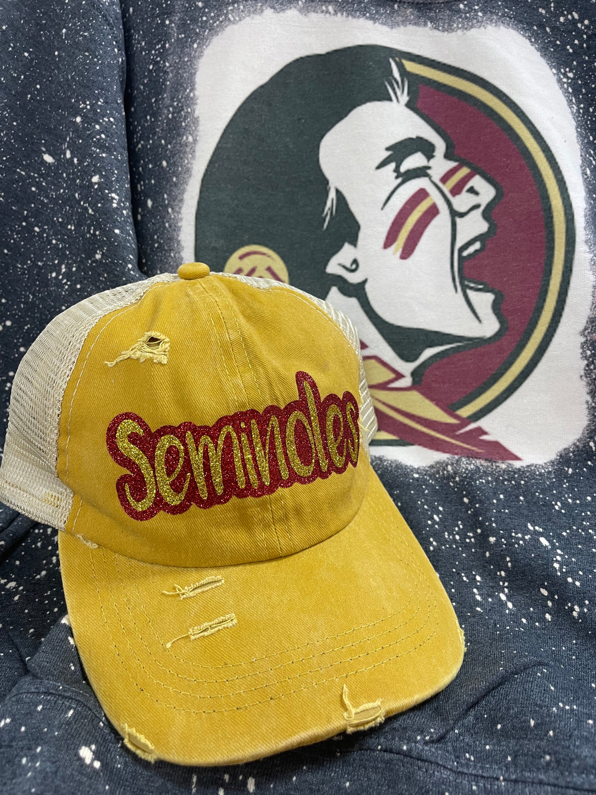Seminoles Distressed Messy Bun Hat Gold - La Di Da Boutique