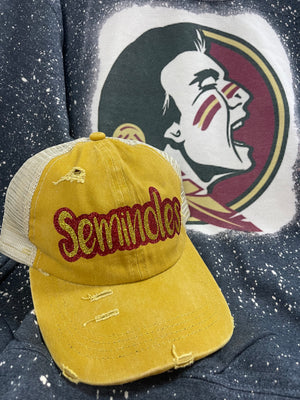 Seminoles Distressed Messy Bun Hat Gold