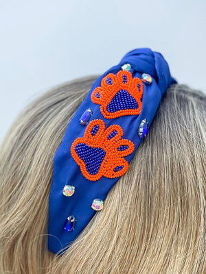 Paw Print Game Day Beaded Headband Orange