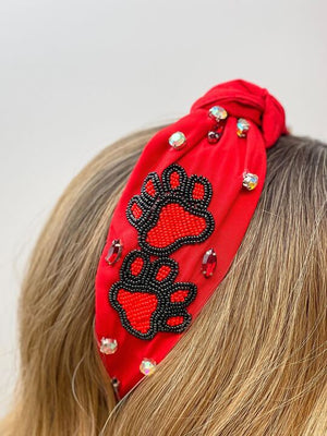Paw Print Game Day Beaded Headband Red