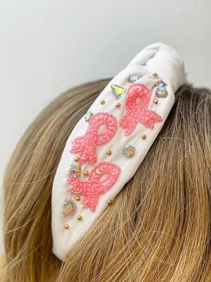 Pink Ribbon Beaded Headband