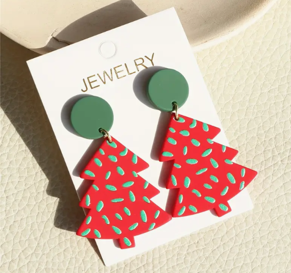 Green Dot Christmas Tree Earrings