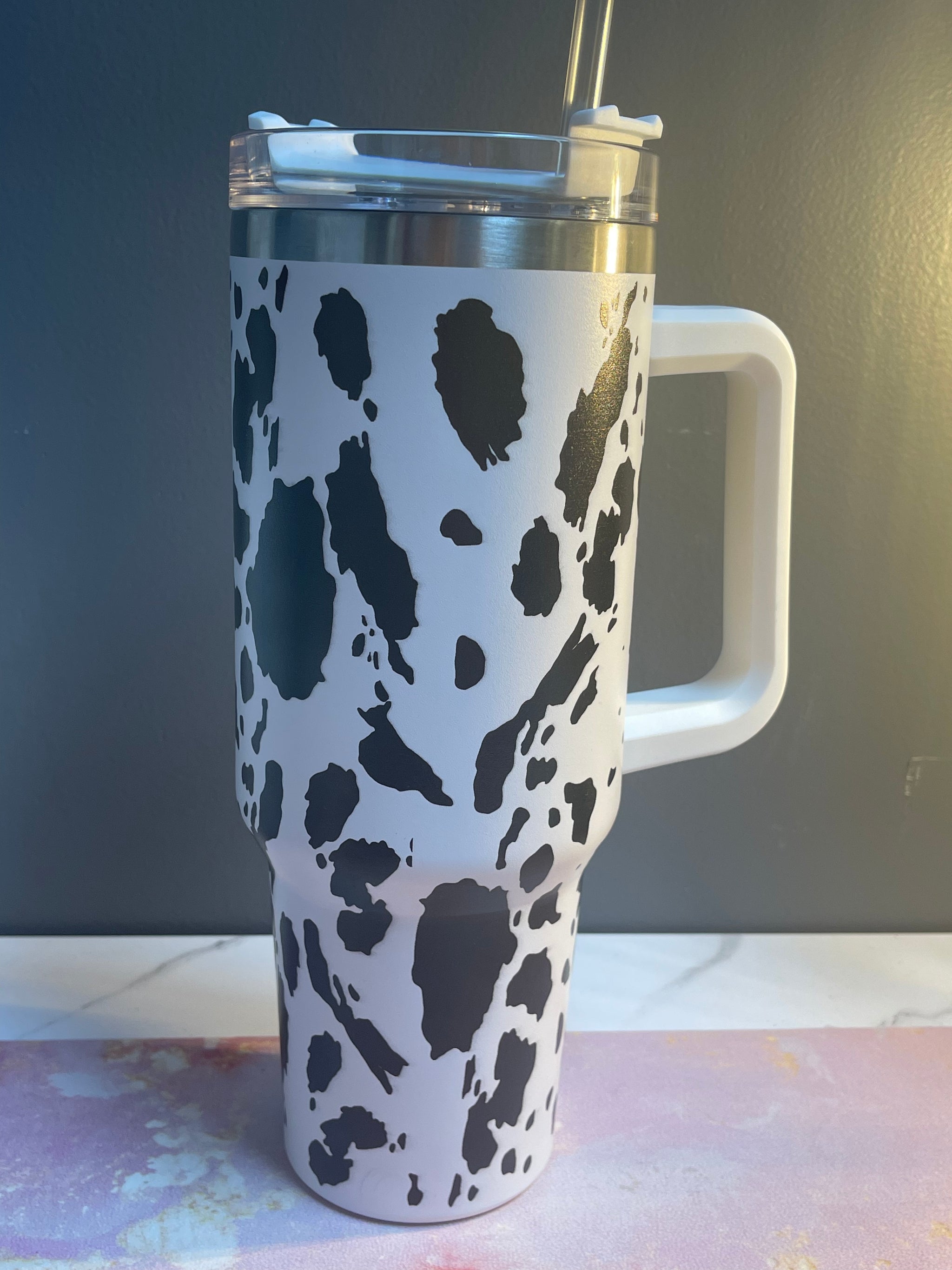 40oz Tumbler Cow Print Leopard With Handle And Straw Stainless