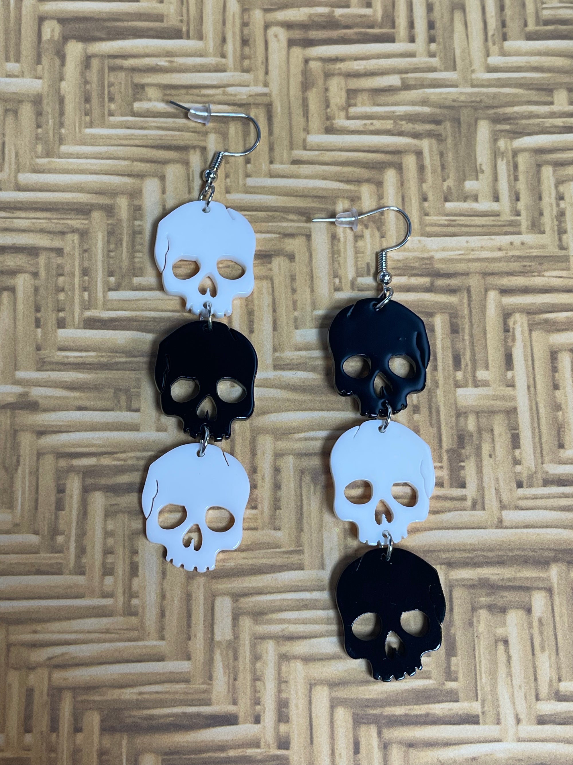 Stacked Skulls Black and White Earrings