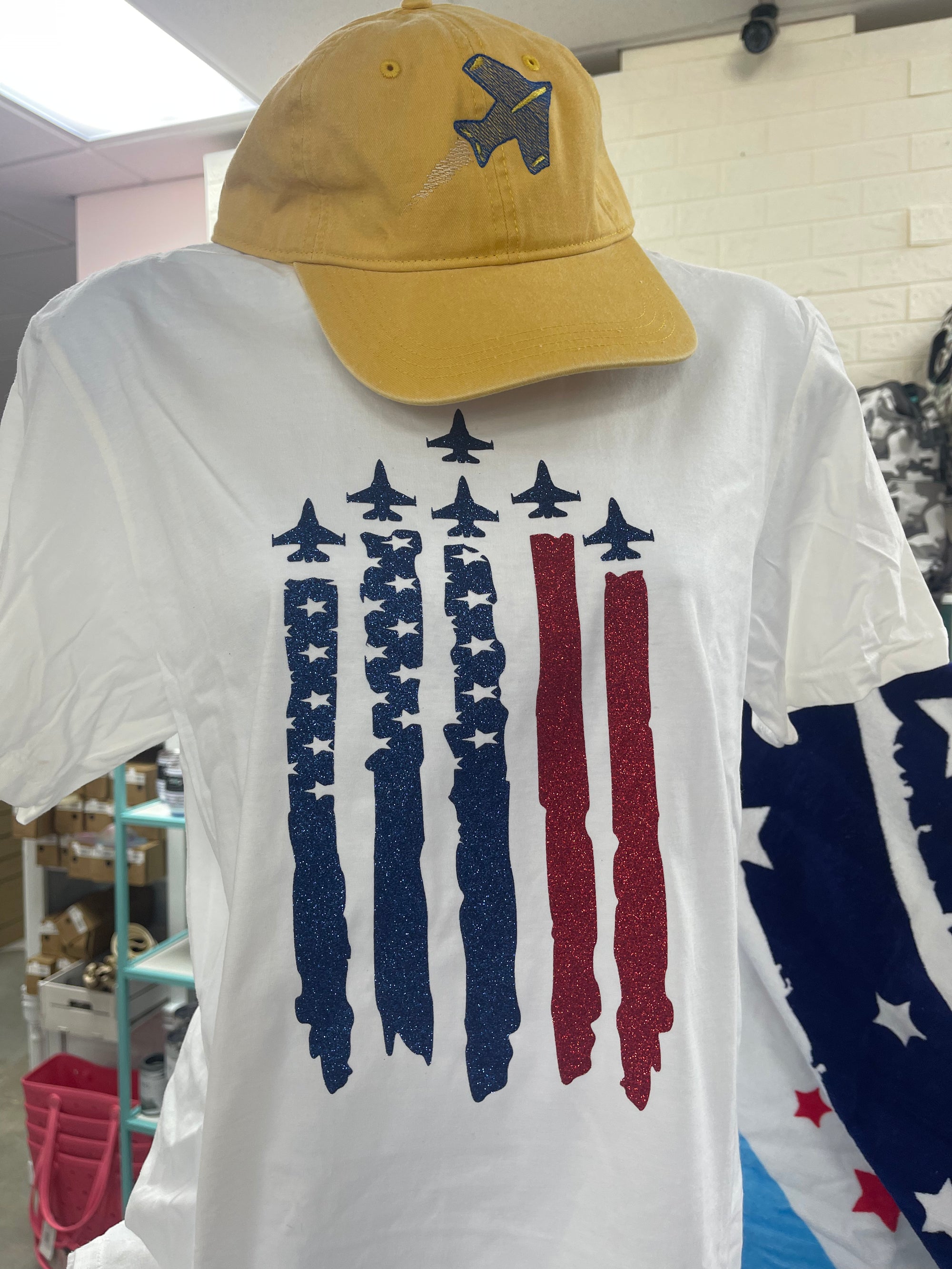 boutique shopping pensacola florida blue angels flag red white blue glitter beach tee t-shirt top clothing