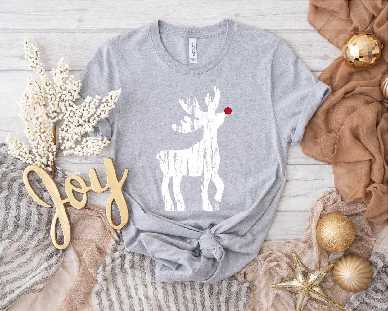 boutique shopping pensacola tee graphic t-shirt top clothing rudolph red nose reindeer grey christmas holiday seasonal festive