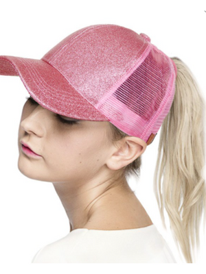 Boutique Pensacola Youth Glitter Messy Bun Hat Pink