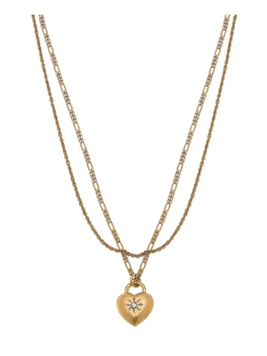Kacie Puffed Heart Layered Necklace in Worn Gold CANVAS