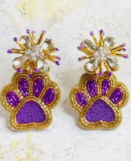 boutique shopping pensacola bling paw earrings purple gold dangle jewelry accessories beaded