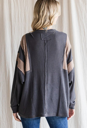boutique shopping pensacola clothing top v-neck stripe charcoal grey