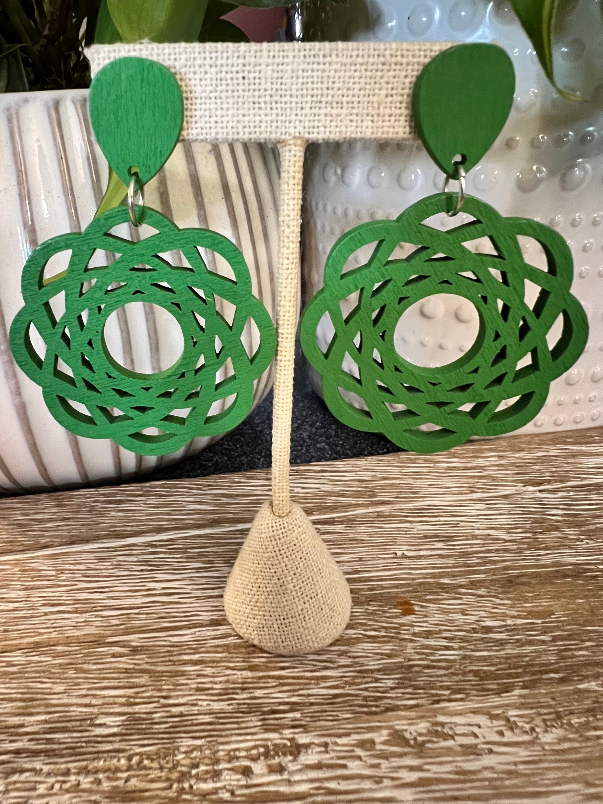 Wooden Flower Earrings Green