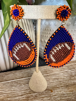 Beaded Teardrop Football Earrings Orange/Blue