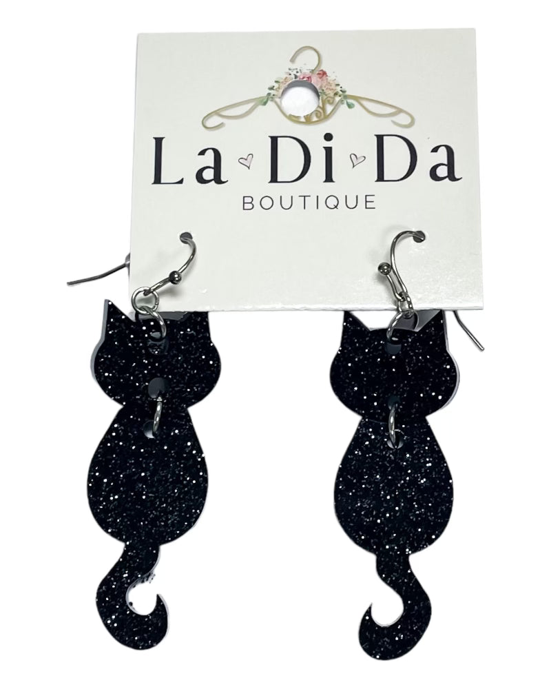 boutique shopping pensacola black glitter cat earrings jewelry accessories dangle