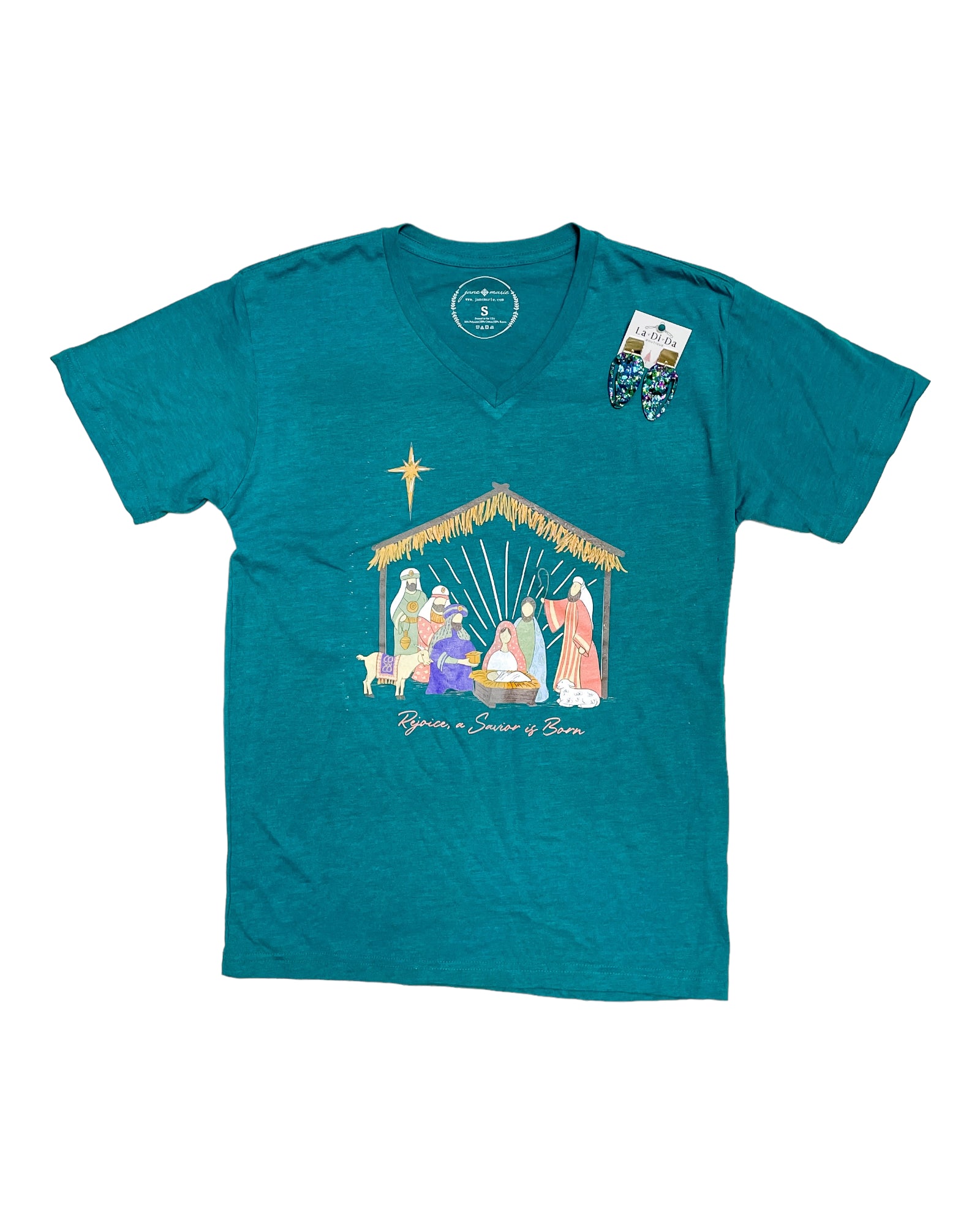 boutique shopping pensacola rejoice nativity t-shirt tee graphic christmas holiday seasonal clothing v-neck