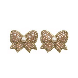 Pearl Beaded Bow Earrings, Rose Gold
